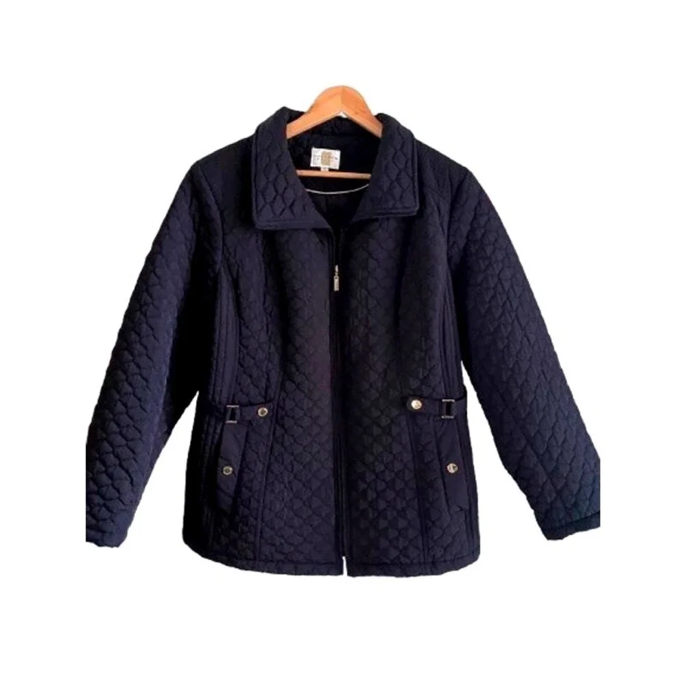 Gallery Woman Navy Blue Quilted Zip-Up Jacket Gold Hardware 1X Plus Size‎